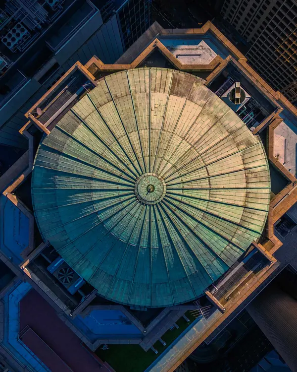 Aerial view looking straight down into the ornate copper dome of 333 Collins Street, Melbourne CBD